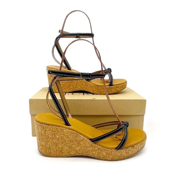 J. Crew Donna Wedge Sandals Size 8 Black Leather Cork Ankle Strap Vintage Y2K - Picture 6 of 14